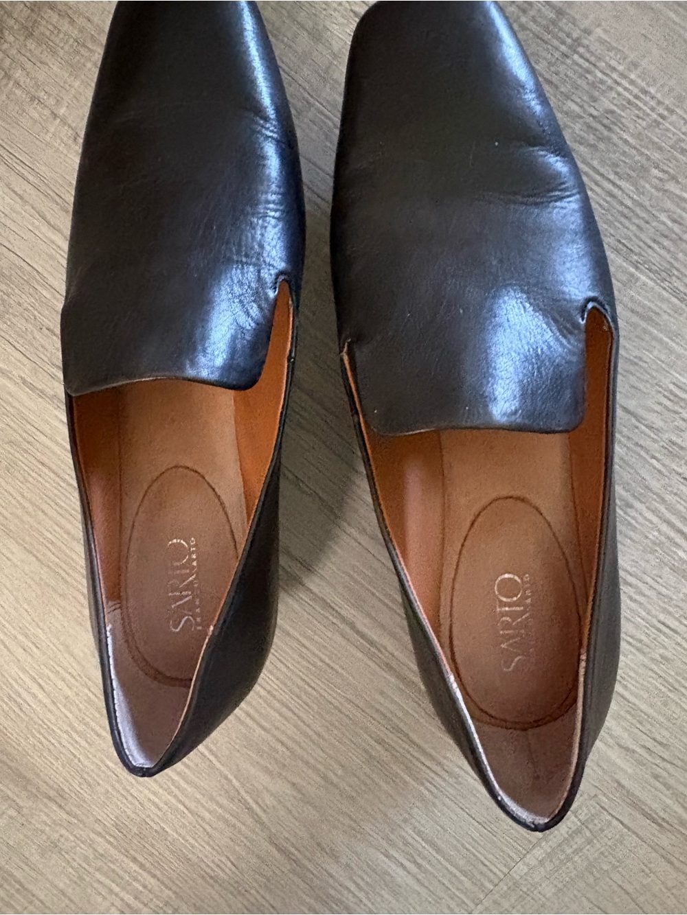 SARTO By Franco Sarto women’s Black Leather Slip-On Loafers with Tan Lining